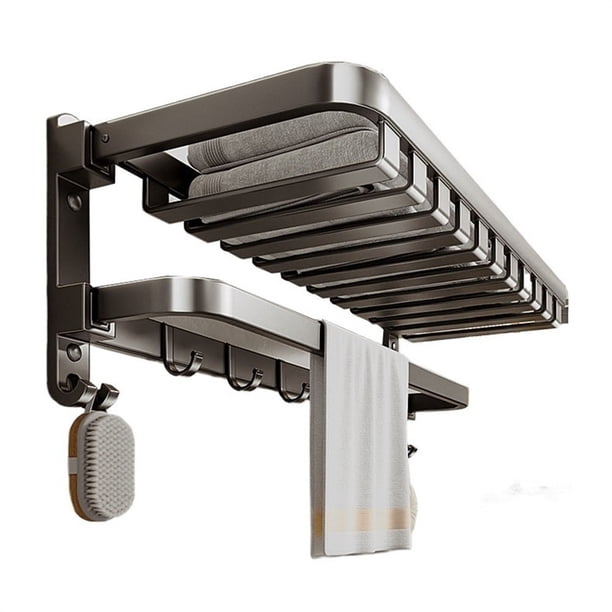 Toallero de pared de aluminio con barra y 7 ganchos, plegable, sin necesidad de taladrar.