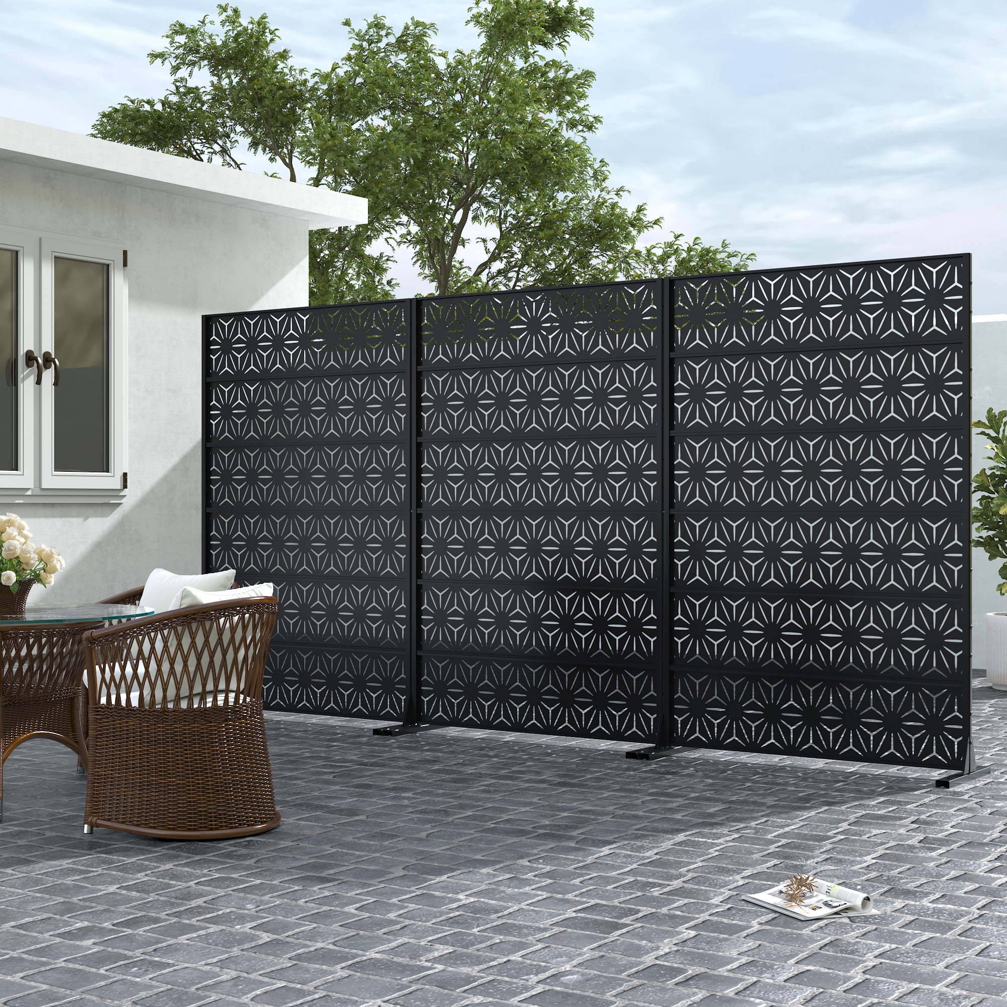 MAYEERTY 72*47" Outdoor Black Metal Freestanding Privacy Panel Screen, Geometric Star Pattern