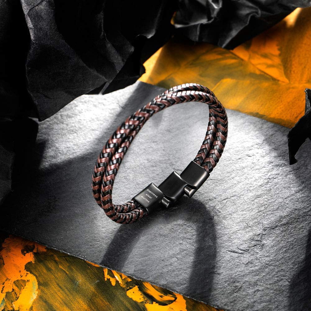 murtoo Mens Bracelet Leather Braided, Brown and Black Leather Bracelet for Men, Gift for Men Husband Father Boyfriend