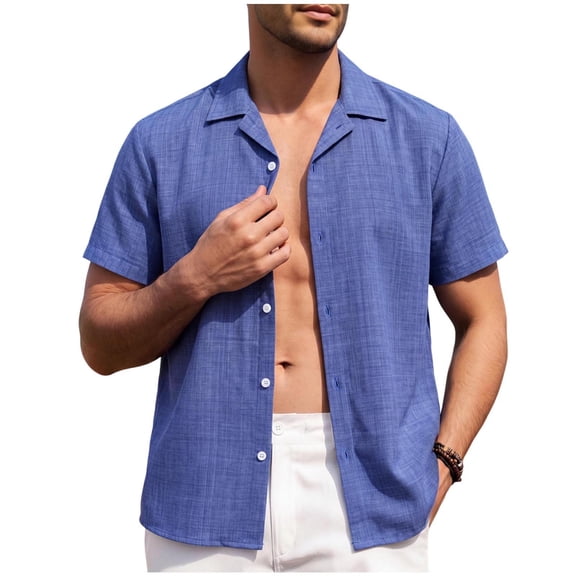 qelini Short Sleeve Shirts for Men Big and Tall Short Sleeve Linen Button Down Top for Summer Daily Wear Collar Tee