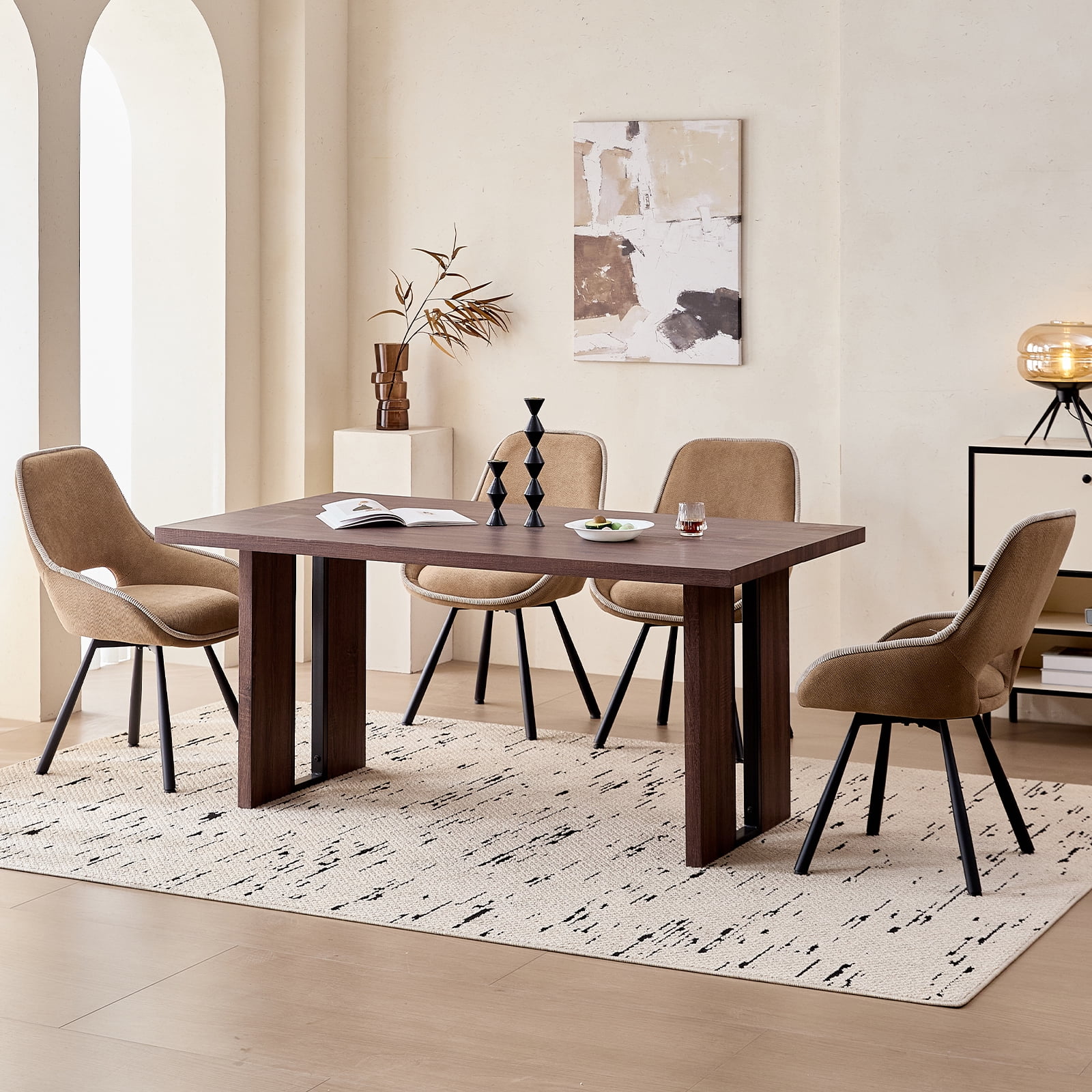 63" Dining Table Set for 4 6 People, 5 Piece Kitchen Dining Room Table with 4 Brown Swivel Chairs for Living Kitchen Room Apartment