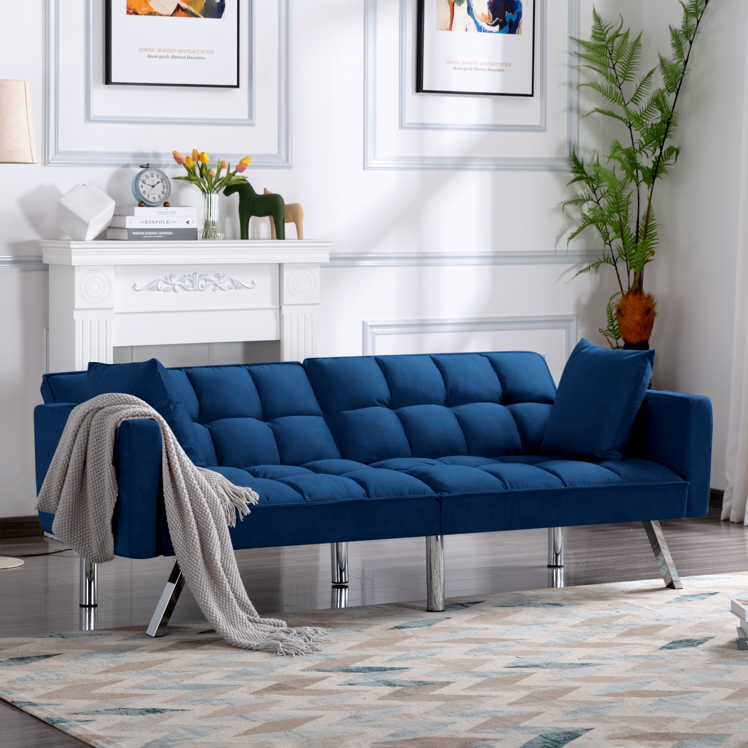 Gewnee 74"Velvet Upholstered Modern Convertible Futon, Adjustable Folding Sofa Bed, Guest Bed for Living Room, Bedroom, Apartment (Navy Blue)