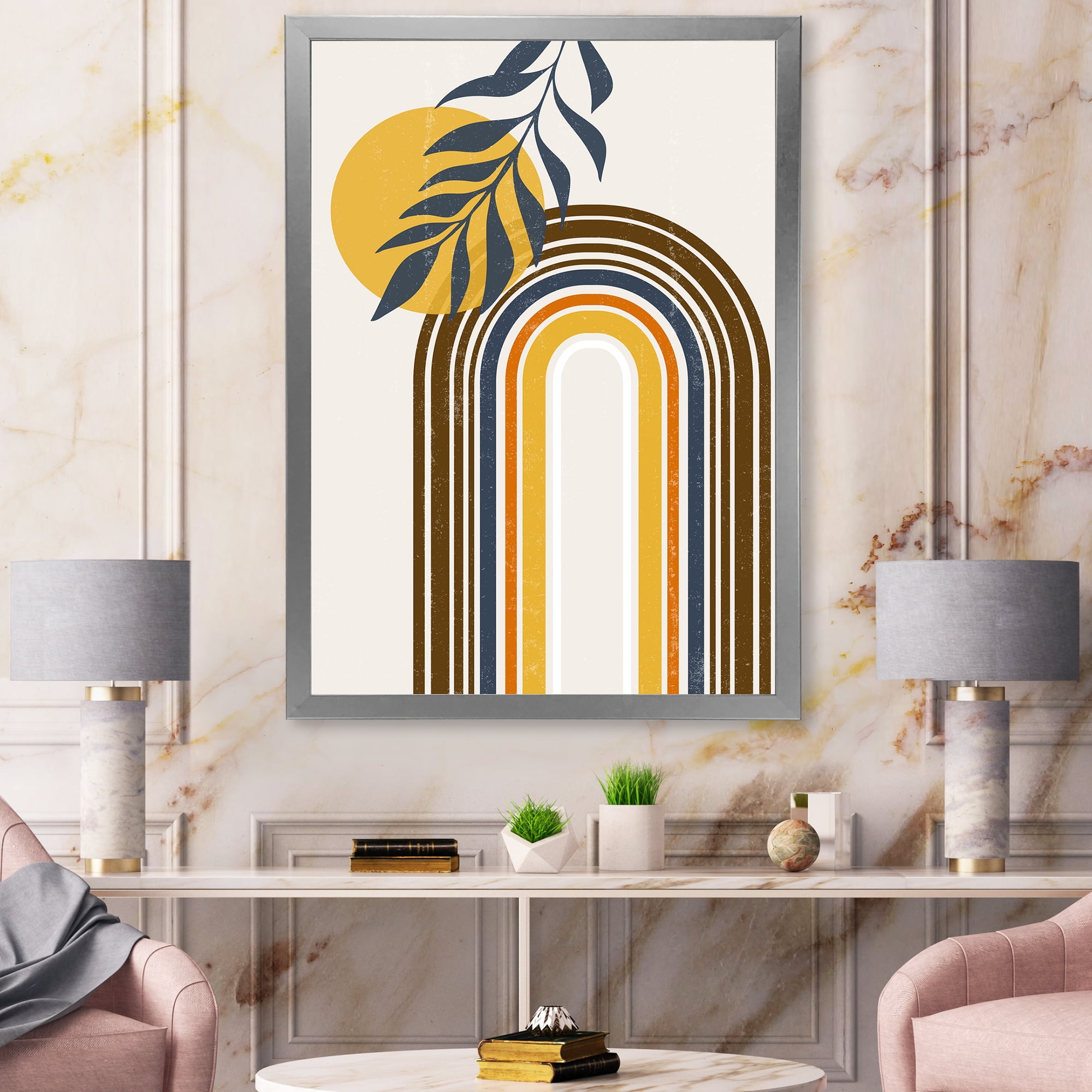 Designart 'Abstract Moon Sun Leaves II' Modern Framed Art Print