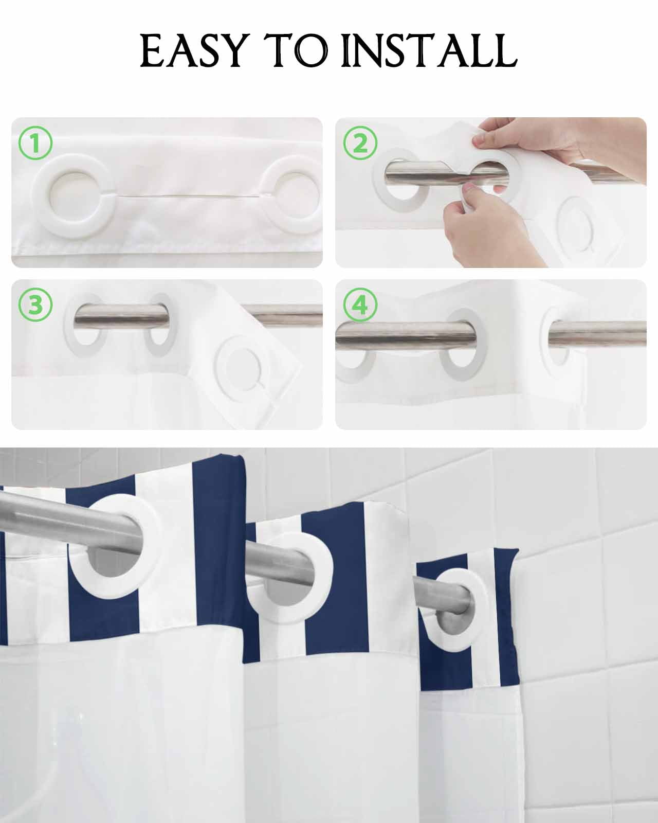 No Hook Shower Curtain with Snap in Liner, Navy Blue and White Striped Geometric Hotel Shower Curtains for Bathroom, Washable Shower Curtain Liner Set with Mesh Top Window, 72"x96"