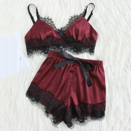 

Hxroolrp Lingerie for Womens Sleepwear Sleeveless Strap Nightwear Lace Trim Satin Top Pajama Sets