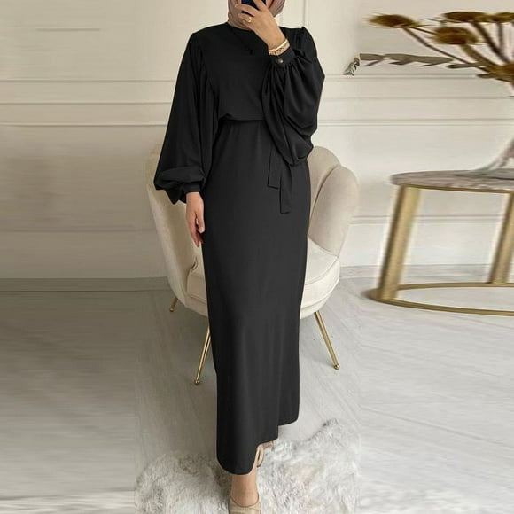 Puff Sleeve Muslim Dress Women Abaya Kaftans Casual Evening Dresses Woman Dubai Islam Long Robe Islamic Clothing - Black / XL