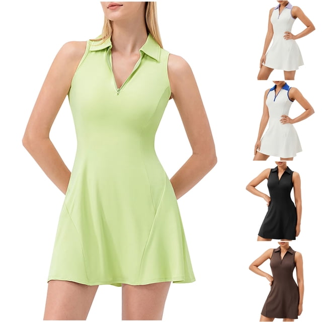 QATAINLAV Robe de Golf Tennis pour Femme Décontractée à Fermeture Éclair Col en V Robes Athlétiques Séchage Rapide Été Sans Manches Robe de Sport Vert P Ventes Éclair