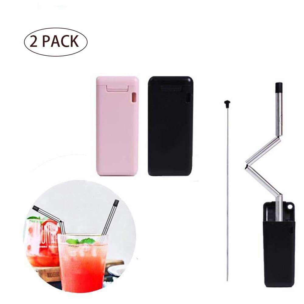 Collapsible Straws,Cuteadoy Stainless Steel Reusable Drinking Folding Straws with Cleaning Brush Perfect for Travel Office Or Gift 2PCS Home
