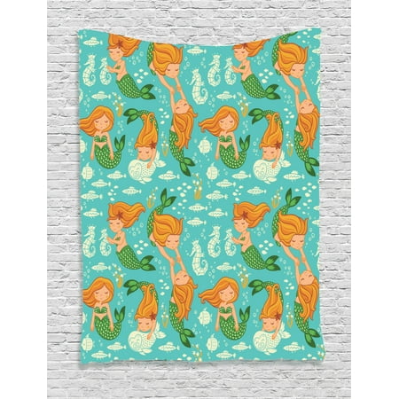 Mermaid Decor Wall Hanging Tapestry Underwater Cartoon World Little Mermaid Girls Friends Seahorse Fish Shells Bedroom Living Room Dorm Accessories