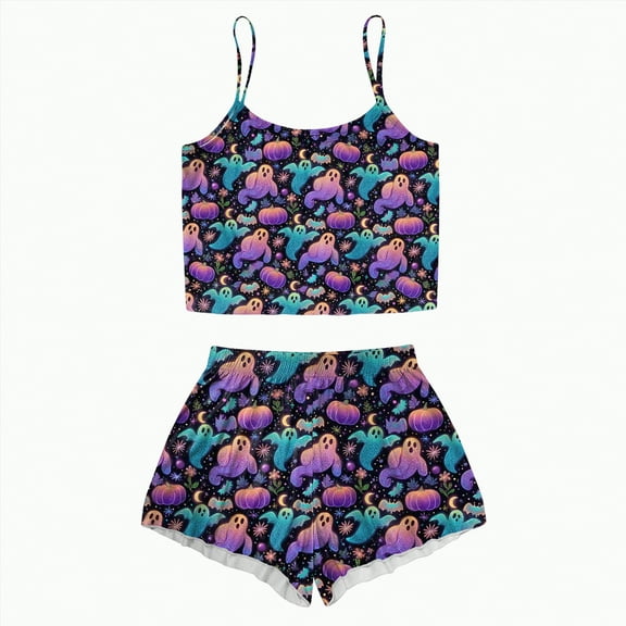 CAUYDY Halloween Pajamas Women Set 2 Piece Sexy Sleepwears Tank Tops and Shorts Sets Pjs Loungewear Pajamas(A02-Dark Purple,XXL)