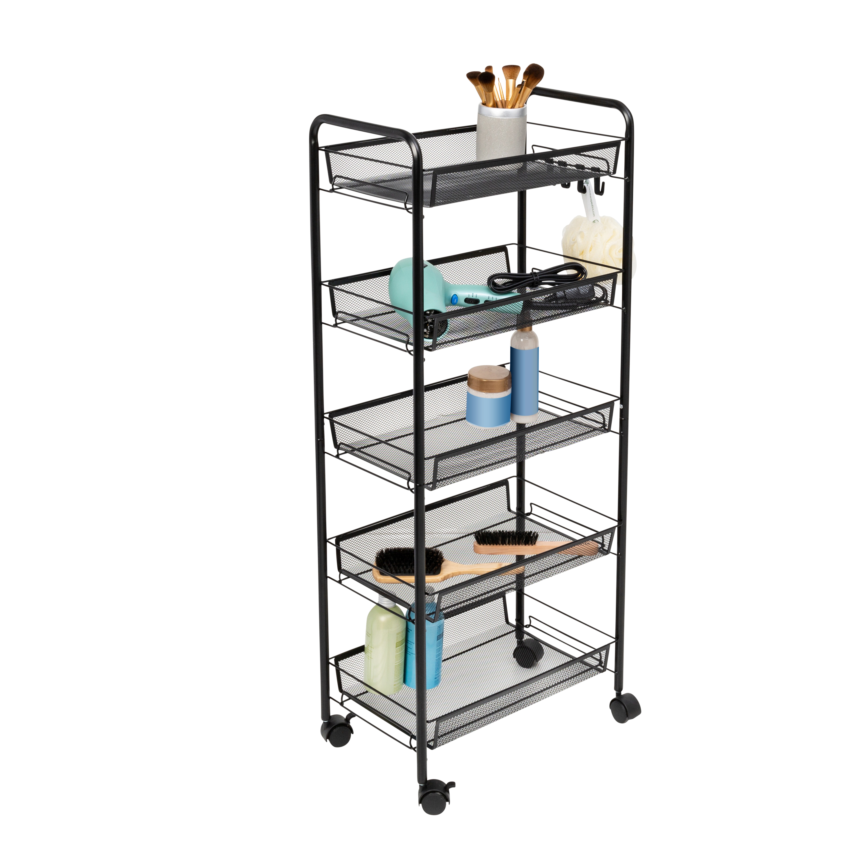 Honey-Can-Do Steel 5-Tier Rolling Storage Cart with 4 Hooks, Black - image 4 of 10