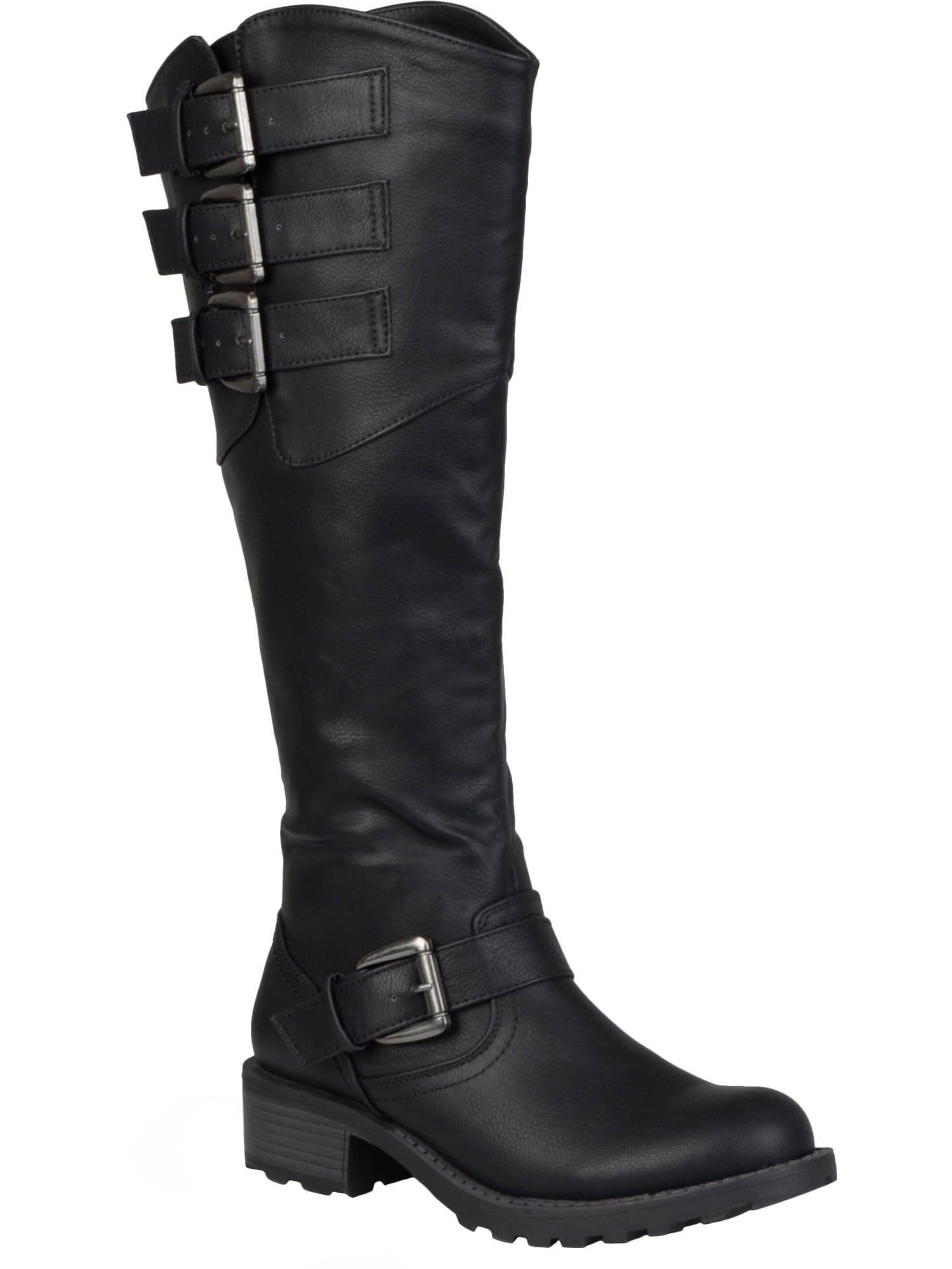 Womens Wide Calf Round Toe Buckle Detail Boots - Walmart.com