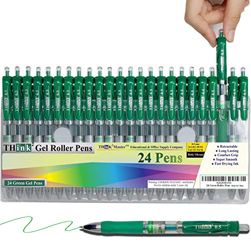 [24 Pens Green Ink] Think2 Retractable Gel Pens. (24 Green) Fine