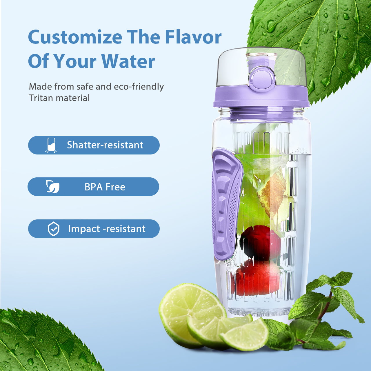 Fruit Infuser Water Bottle, iMounTEK 32 oz Clear and Pink Polyester Water  Bottle with Infuser and Wide Mouth Lid