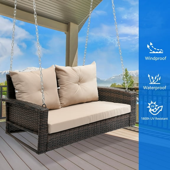 Uforic Dual Occupancy Outdoor Swing Chair, Elegant Black Rattan Patio Lounge with Beige Cushions and a Sturdy 770lbs Capacity for Garden, Balcony, or Living Room