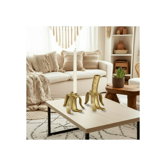 Set of 2 Boho Pillar & Taper Candle Holders - Decorative Metal Suar Wood Banana Peel Design - Unique Home & Office Decor - Modern Gold Accent - Metallic Finish - 7", 5" Gold