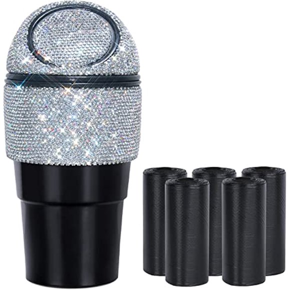 eing Car Trash Can Bling Crystal Auto Mini Trash Bin for Car Office Home Women,Car Cup Holder Garbage Can with Lid and 5 Pack Disposable Garbage Gag, Silver