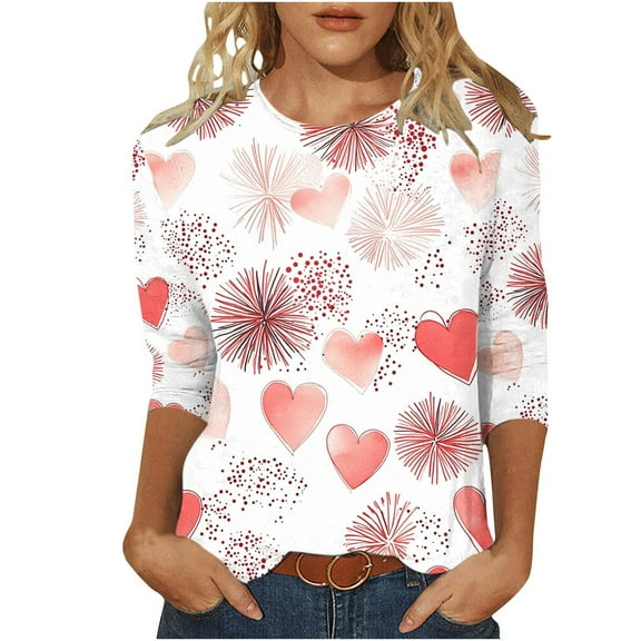 Valentine's Day Holiday T-Shirts for Womens Cute Heart 3/4 Sleeve Tops Fashion Going Out Tee Shirts