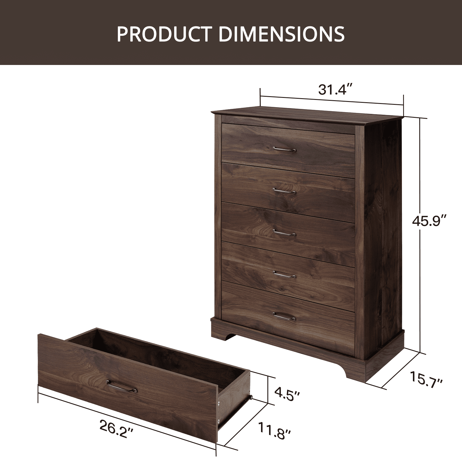 CHITOOMA 5 Drawer Dressers for Bedroom, Adult Tall Wooden Chest of Drawers, Storage Cabine for Living Room Entryway, Walnut