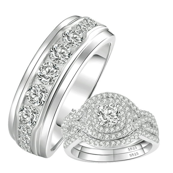 SFTING Wedding Ring Sets His and Her 4Pcs 925 Sterling Silver 5A CZ Ring Set for Couples Engagement Ring Women Mens Band Size 9&7