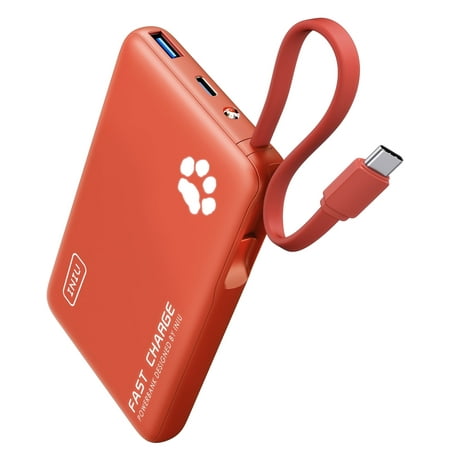 INIU Portable Charger, Slim 45W 10000mAh Power Bank with Build in USB-C Cable for iPhone 16 15 Samsung S22 S21 Google, Orange