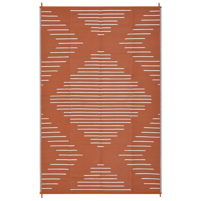 Reversible Waterproof Outdoor Rug - Plastic Straw Mat with Lines - Large, Easy Clean, Carry Bag Included - 9x12ft Terracotta Orange/White - USA Spec