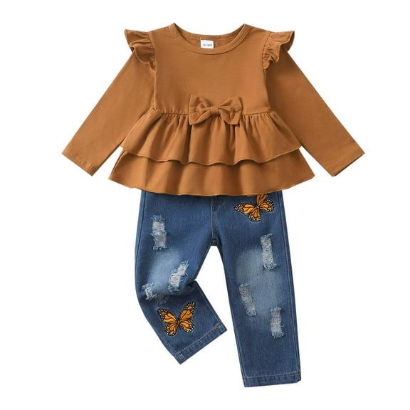 Kucnuzki 3T Toddler Girls Outfit Set 4T Kid Child Winter Clothes Ruffle Long Sleeves Solid Color Top Flowers Embroidery Ripped Denim Pants Sets 2pcs Casual Clothing Brown