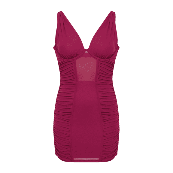 Sheer Mesh Ruched Side Chemise G-string Raspberry Lg