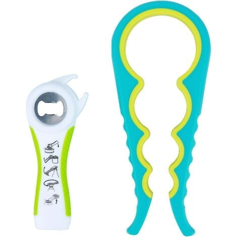Abrelatas manual, abridor de frascos multifuncional, abridor de botellas 5 en 1, herramienta de cocina múltiple, abridor de frascos fácil adecuado para manos bajas, artritis, ancianos,