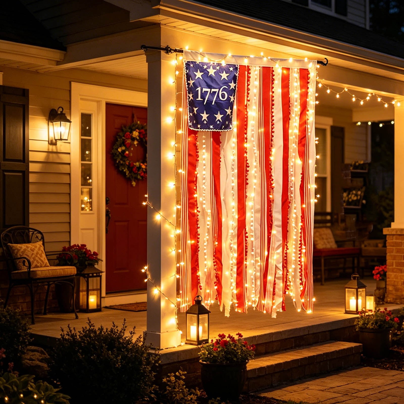 Lighted Rag American Flag Banner, 27×50in Independence Day Fringed Drapery Blue Star Flag, 1776 Decorative Hanging String Lights Flag, for Outdoor Garden Yard Home Party Decoration