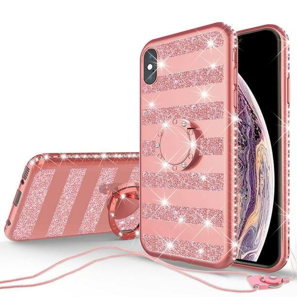 iPhone Xs / iPhone X Case, Cute Glitter for Girls Women w/ Kickstand,Bling  Diamond Rhinestone Bumper With Ring Stand Thin Soft Protective Sparkly Pink  Apple iPhone Xs/X - Rose Gold Stripe -