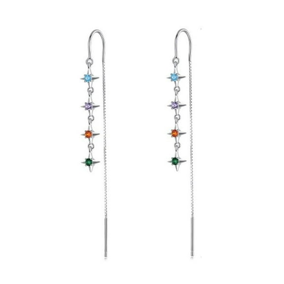 Bellitia Jewelry 925 Sterling Silver Thread Earrings for Women, Multicoloured Cubic Zirconia Pull Through Style Drop Chain Earrings Women Fashion Jewelry Set Gifts for Women
