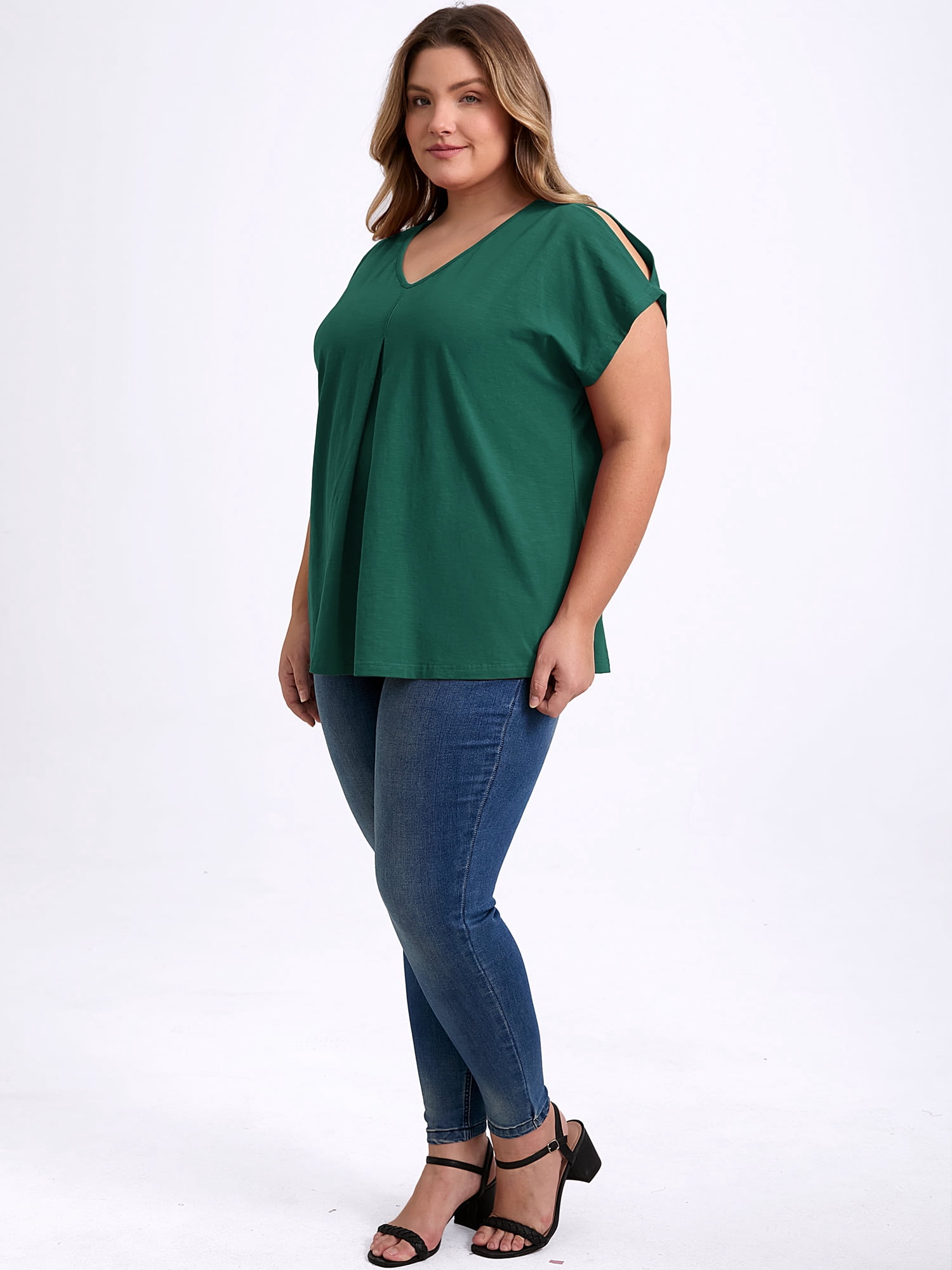DARING DIVA Women's Plus Front Pleated V Neck Slit Sleeve Blouse 3X Dark Green
