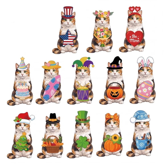 Interchangeable Seasonal Wooden Cat Decor Set, Magnetic Themed Hats, Cute Farm Animal Tabletop Stand, Holiday Home Office Tiered Tray Decoration, Birthday Gift