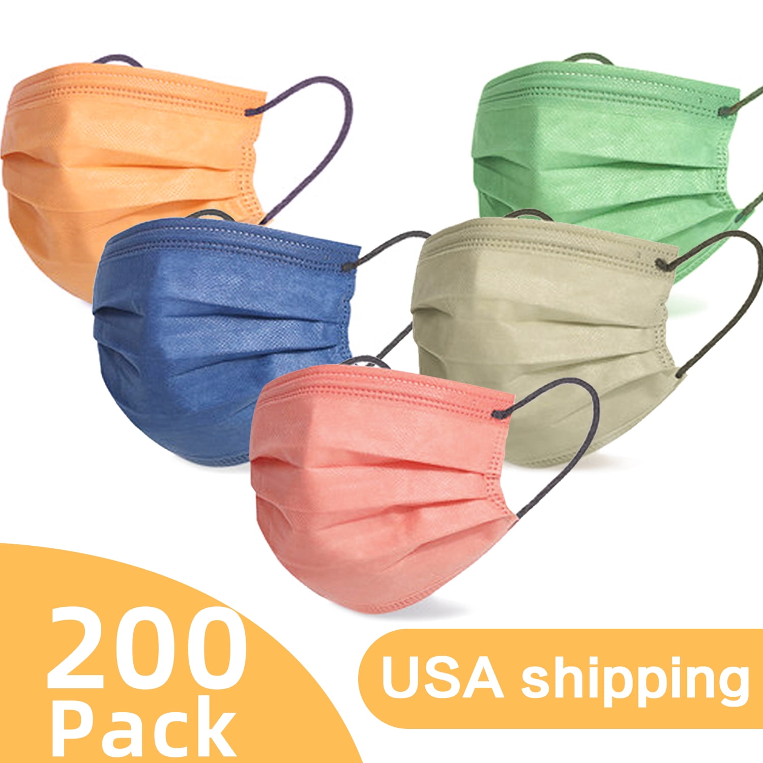 200Pcs USA Made Disposable Face Masks Adult Multi Color, 3Ply