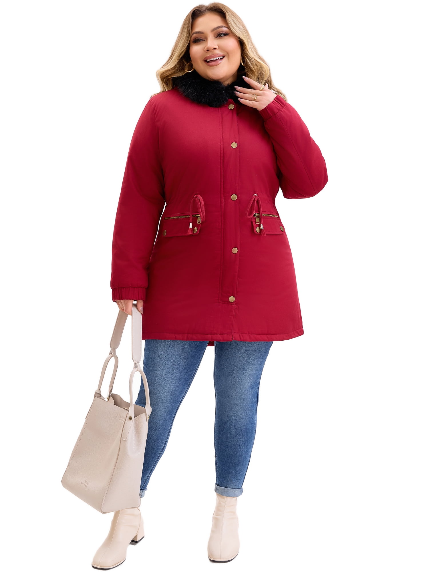 DARING DIVA Women's Plus Parka Jacket Zipper Up Fleece Windbreaker with Pocket 2X Burgundy