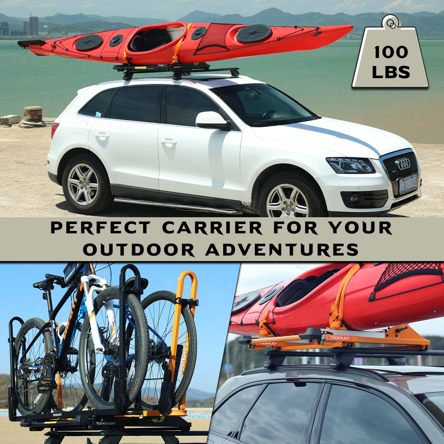 TOOENJOY 20.7''H Universal Lift Roof Rack Car Top Kayak Bike Carrier 100 lbs Loading Capacity