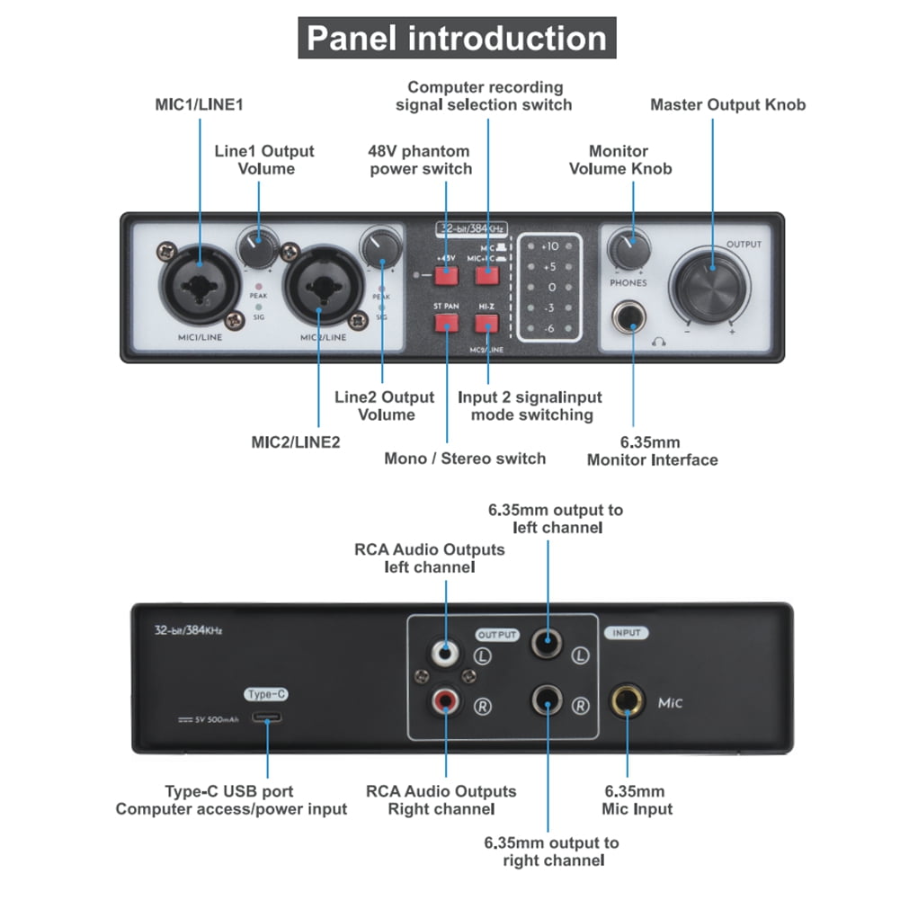 2 in 2 Out USB Audio Interface 32Bit/384KHZ Studio Kit Record Professional Sound Card 48V Phantom