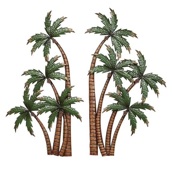 Palm Trees Tropical Metal Wall Art Set of Two in Handpainted Green and Brown Earth Tones