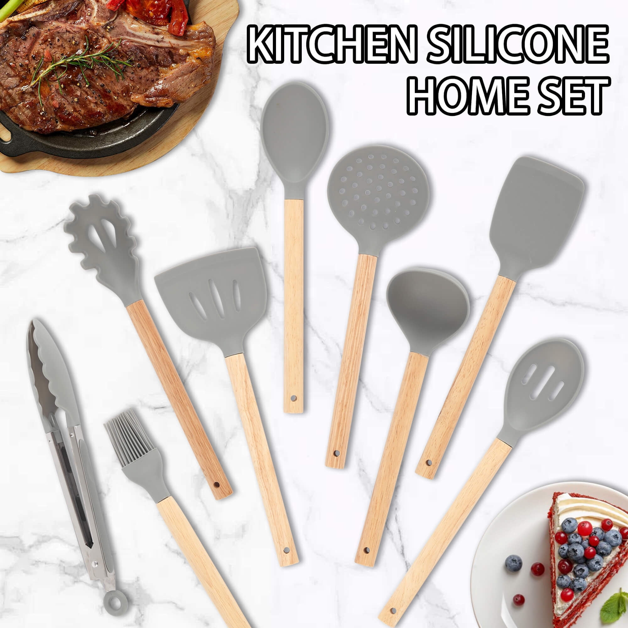 HEESEM 23 PCS Silicone Utensils Kitchenware Set with Removable Knife Cover, Non-Stick Heat Resistan Tools-Gray