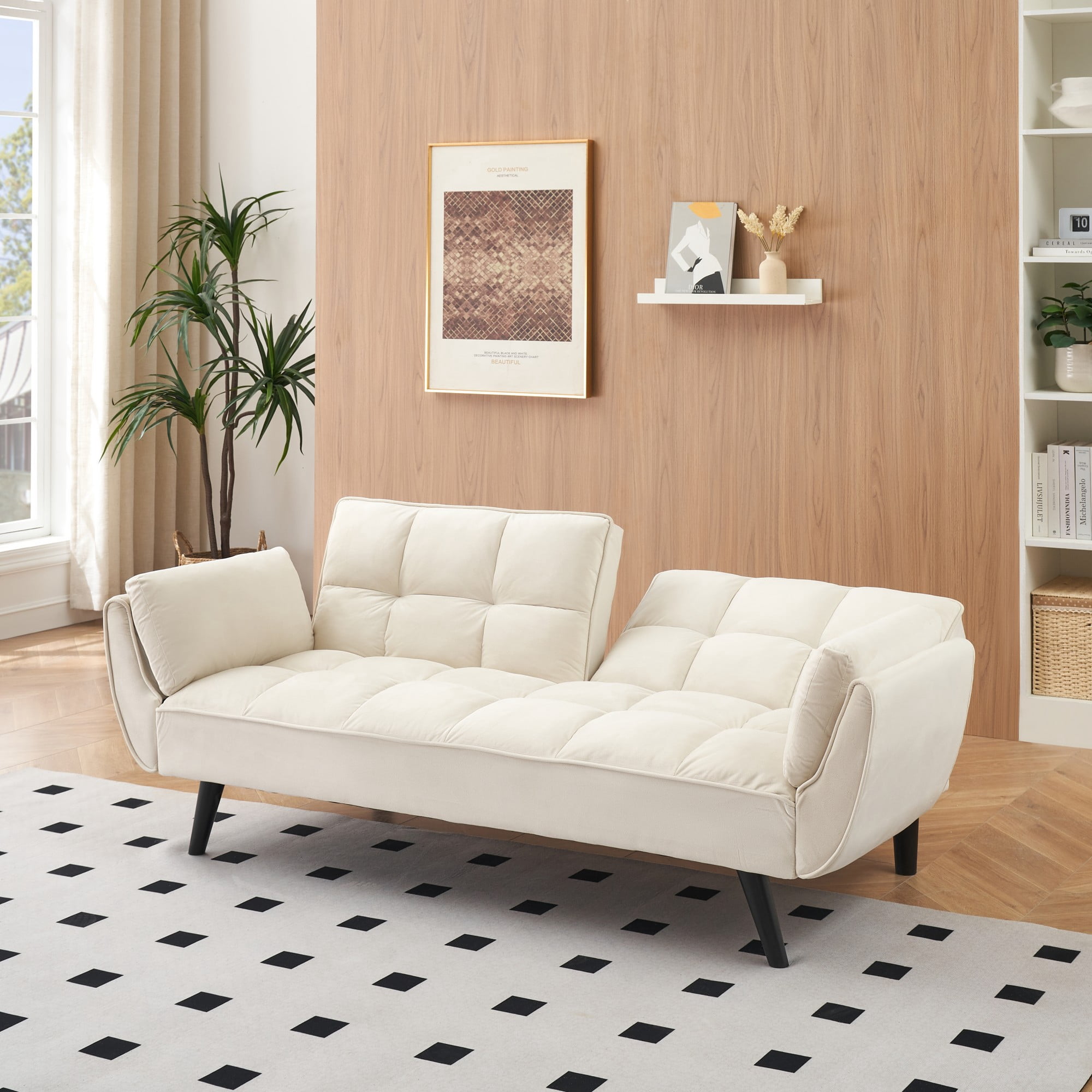 Leumius 74" Modern Loveseat Sofa for Living Room,Velvet Futon sofa bed with Adjustable Back & with 2 Throw Pillow for Bedroom,Small Spaces,Beige