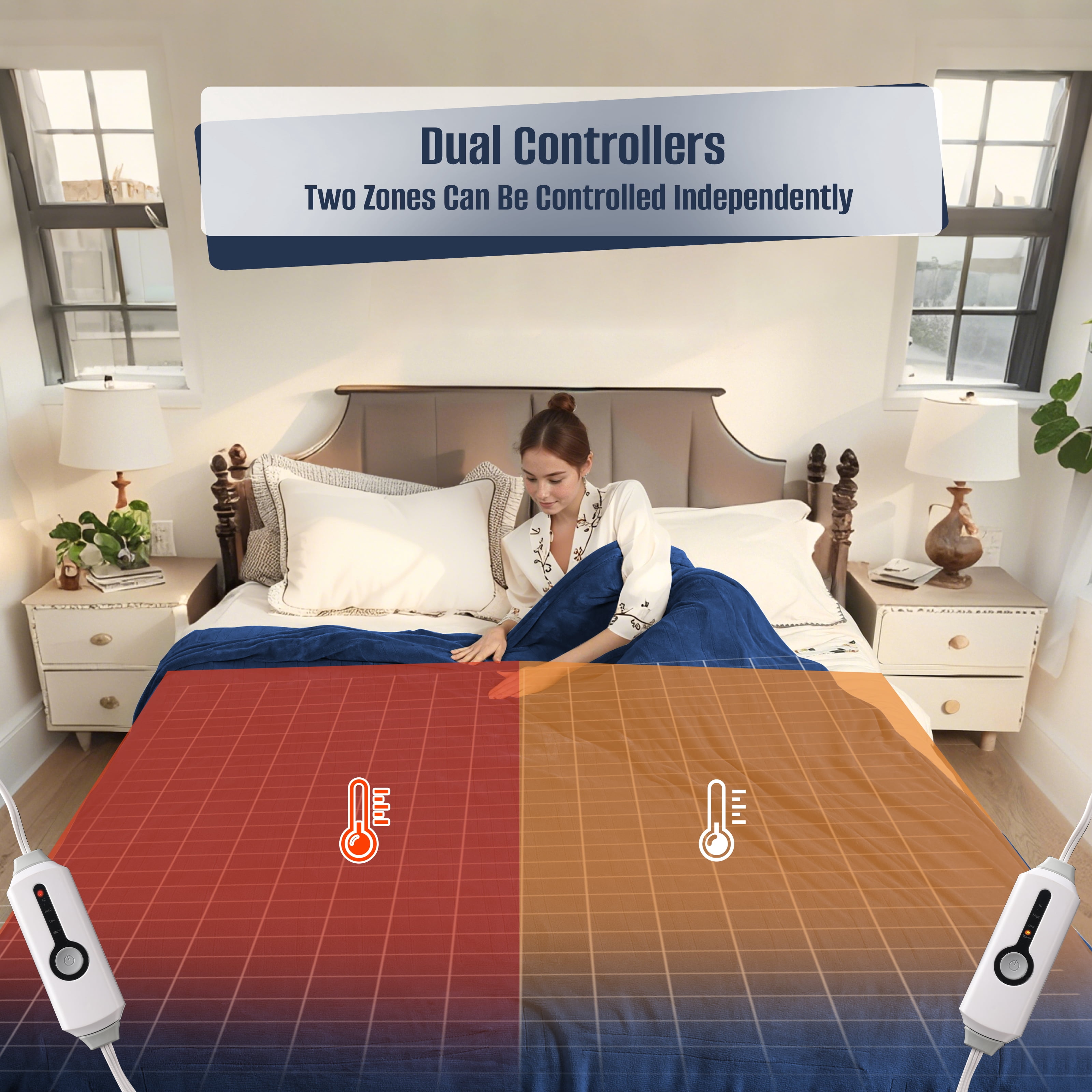 YAKEE Electric Heated Blanket 90"x100" King Size with Dual Control, 4 Heat Levels, 10-Hour Auto-off, Soft Coral Fleece, Overheat Protection, Dark Blue