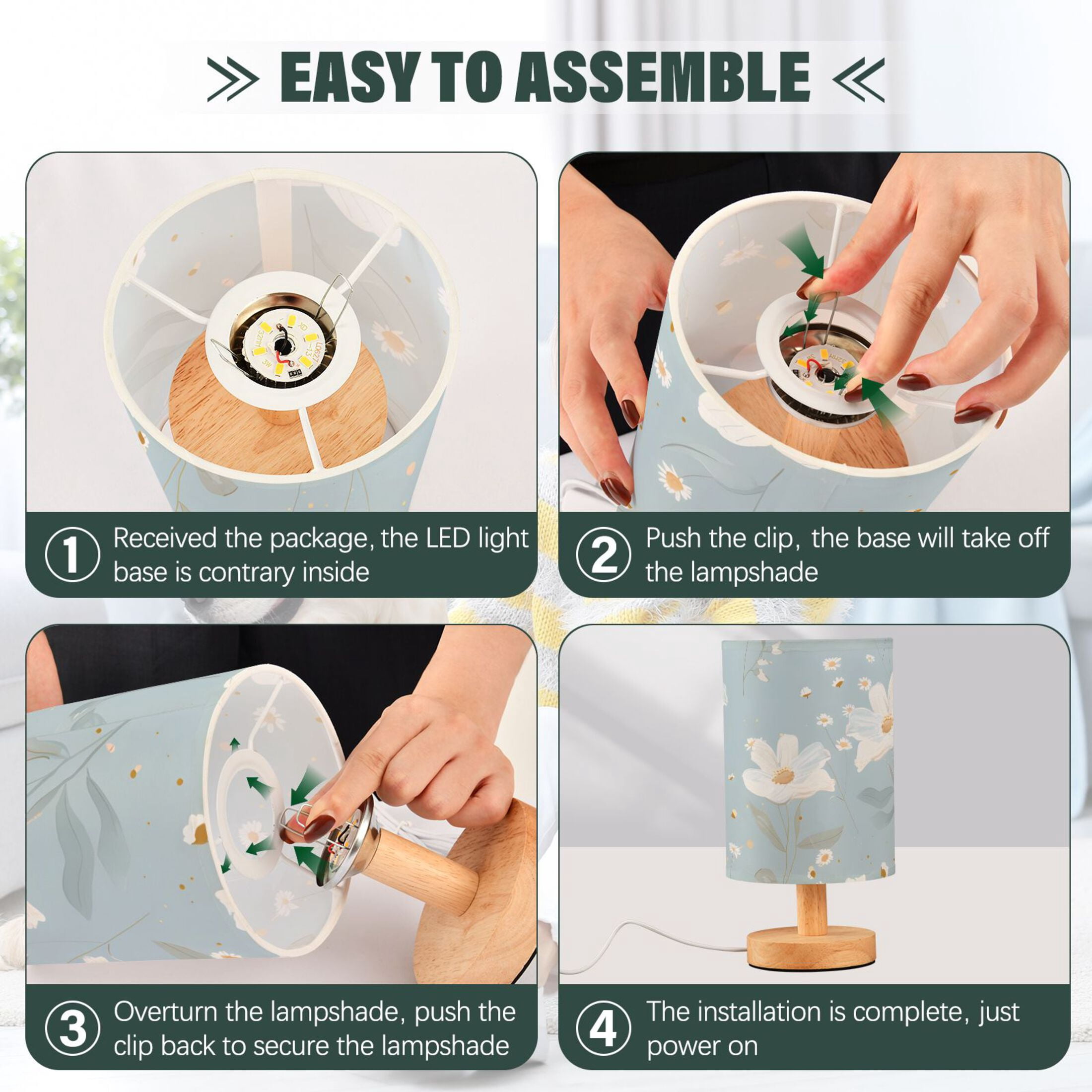 White Florals Daisies Leaves Oil Painting Table Lamp with USB Port LED Warm Light Lamp Night Light Home Decor