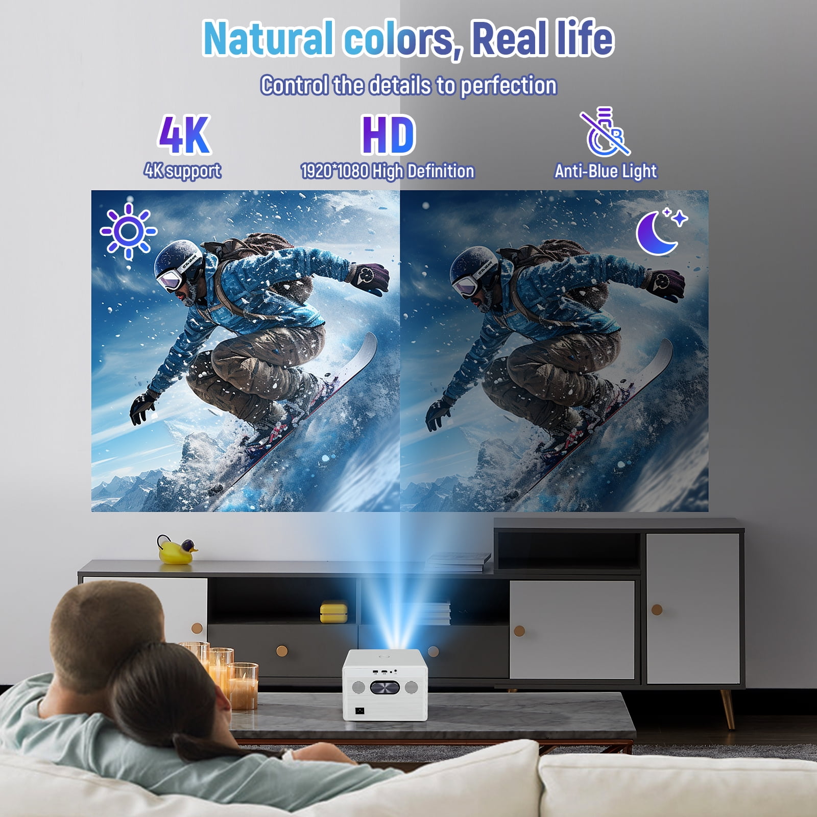 Motorized Focus,Smart Projector with WiFi and Bluetooth, 600ANSI Native 1080P Outdoor Projector, 50% Zoom Home Theater Movie Projector for Bedroom/Outside