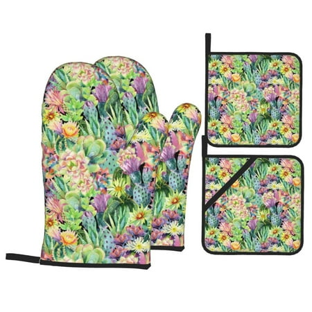 

Oven Mitts and Pot Holders Sets 4 pcs - Watercolor Blooming Cactus Heat Resistant Silicone Oven Gloves with Non-Slip Silicone Surface and hot pads for kitchen Baking Cooking BBQ