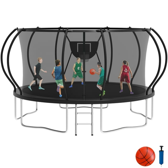 KOFUN trampoline de 14 Pi avec Panier de basketball, Filet d'Enceinte Noir, Cadre en Acier Galvanisé et Échelle. Conçu pour une Utilisation dans la Cour Arrière, Il Supporte jusqu'à 1400 Lb et Comprend un Ballon et un Gonfleur. Idéal pour les Jeux Extérieurs des Enfants et les Activités Familiales.
