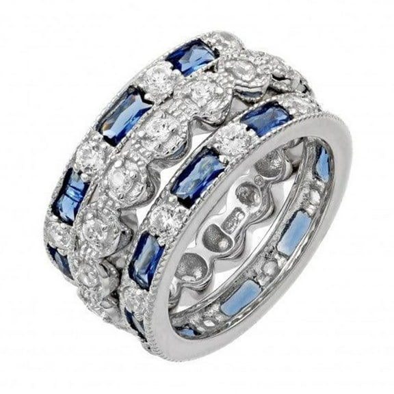 Rhodium Plated Sterling Silver 925 Blue Baguette Round Clear CZ Ring Jewelry Female Size 7