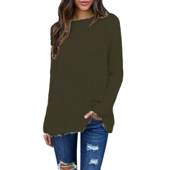 Tiqkatyck Womens Sweaters Ladies's Solid Color Long Sleeve Loose Fluzzy Plush Top Plush Tunic Tops Sweaters for Women Sweater Tops for Women Army Green L