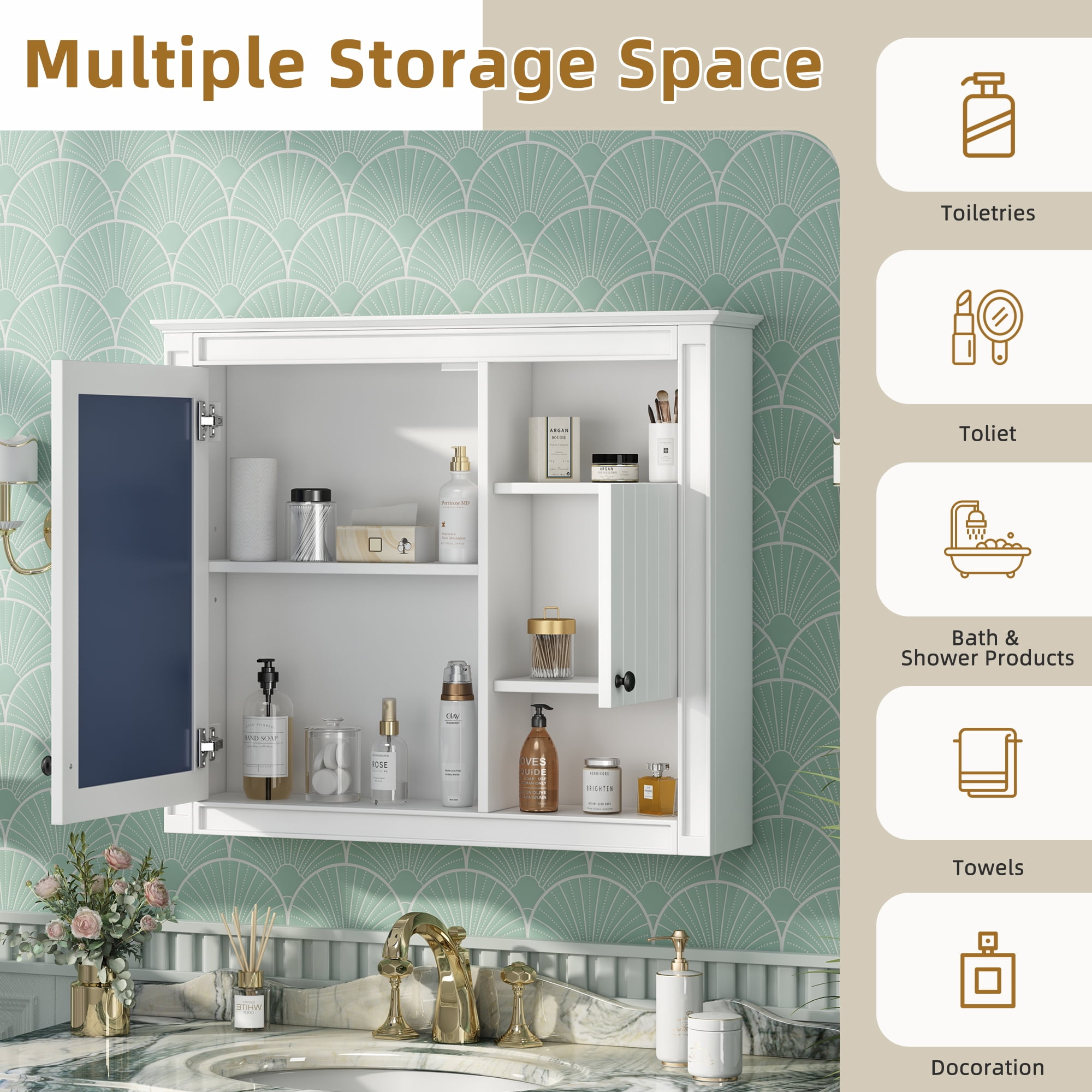 MAYEERTY 32'' White Bathroom Wall Cabinet with Mirror, Wall Mounted Medicine Cabinet – 3 Shelves, Over Toilet Storage