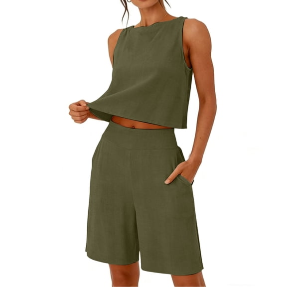 TEAJOPSUU Summer Sets for Women Sleeveless Tank Top and Casual Loose Pocket Shorts 2 Piece Sets A-Olive Green